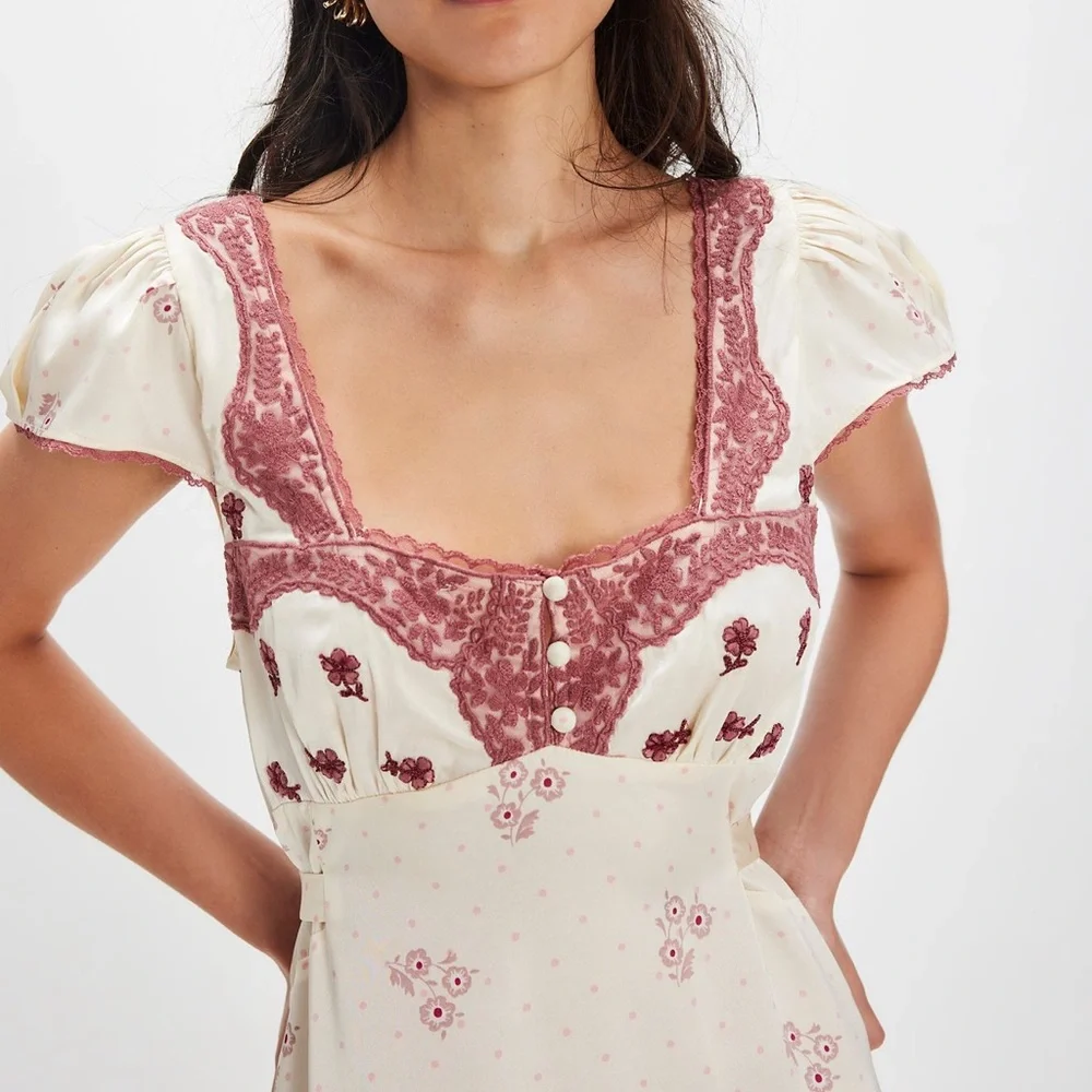 Free People Cream Midi Dress with Pink Floral Lace